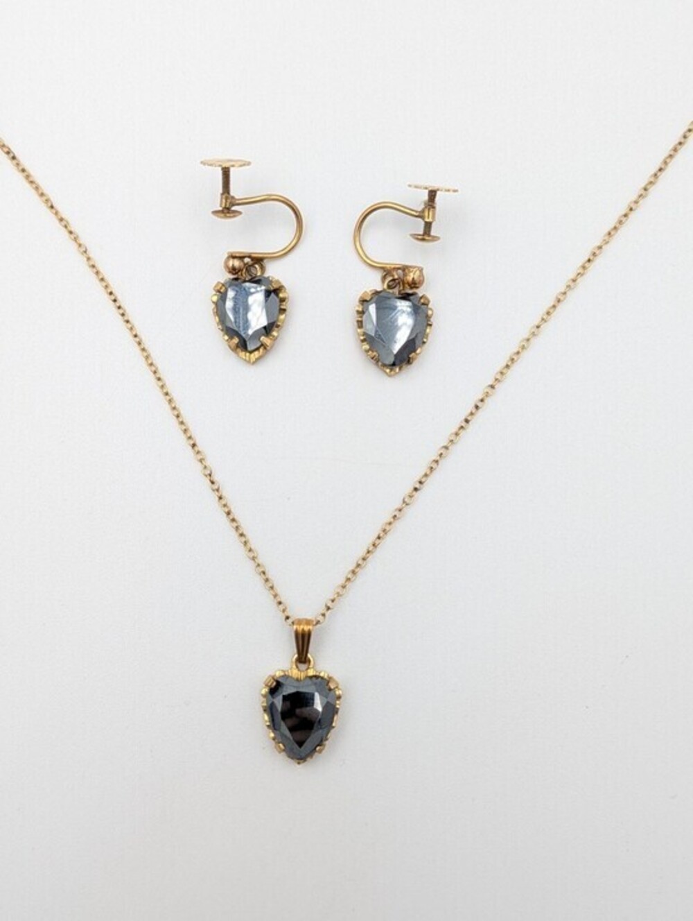 Vintage 10k solid gold hematite heart necklace and earrings set